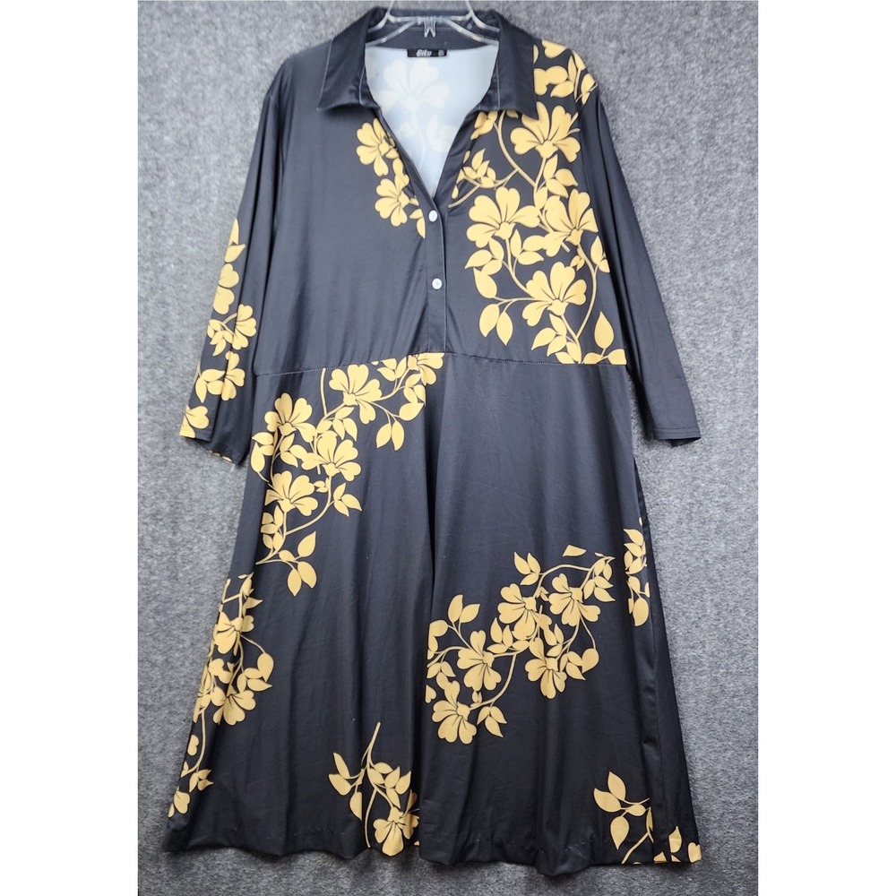 Lily by Firmiana Shirt Dress Womens 4XL Black Yellow Floral Midi VGUC 3/4 Sleeve